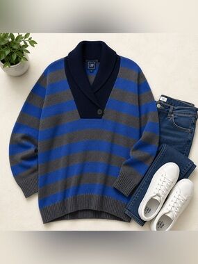 Gap Oversized Stripe Shawl Collar Sweater XXL Coastal Grandma NWT